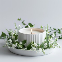 Wall Mural - A serene candle surrounded by delicate white flowers and greenery, creating a calming and inviting atmosphere.