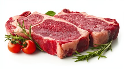 Two raw beef steaks with fresh herbs and cherry tomatoes on a white background.