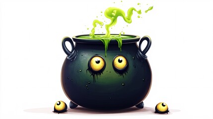 Classic Halloween artwork, a cauldron with bubbling green potion and a few eerie eyes peeking out, isolated on a white background,