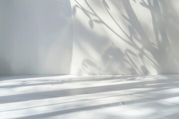 Poster - Sunlight casts delicate shadows of leaves on a white wall and floor, creating a minimalist backdrop.