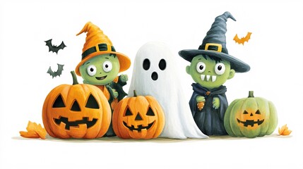 Cute Halloween artwork, a group of little monsters in costumes (ghost, pumpkin, and vampire), posing together, isolated on a white background,