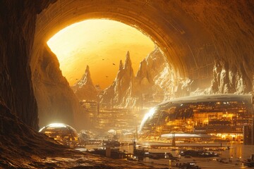 Canvas Print - Futuristic Cityscape Viewed Through a Cave Opening