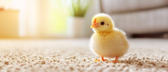 Wall Mural -  A tight shot of a small yellow duck on a carpeted floor Behind it, a couch and a potted plant are visible in the room's backdrop