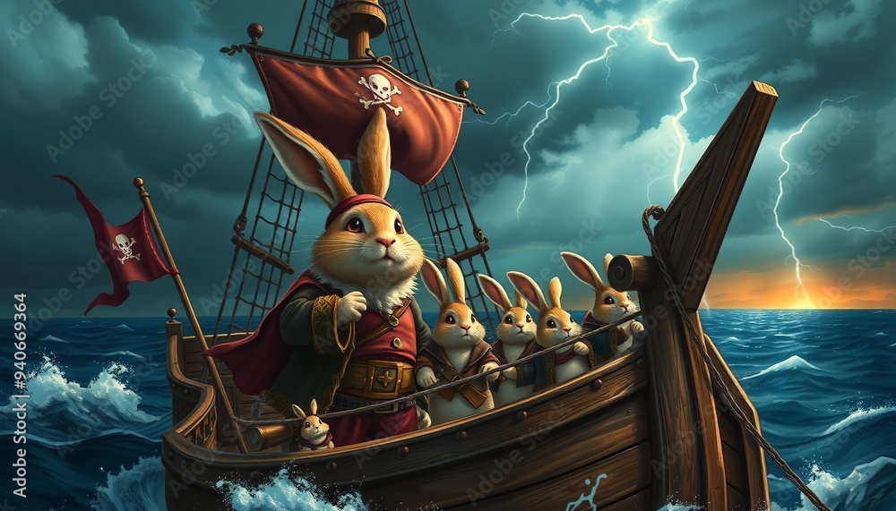 Captain Rabbit commands his old ship through a stormy sea, gripping the ...