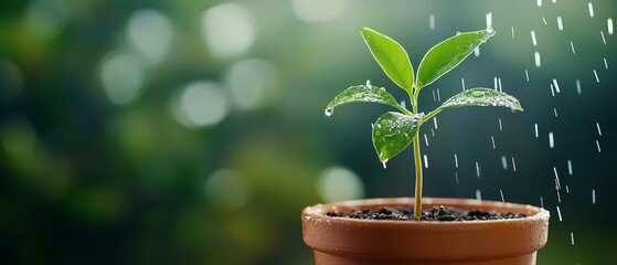 Poster -  A tiny green plant emerges from a clay pot, dripped with water from above