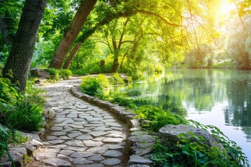 Aufkleber - Vibrant summer park landscape with lake and green foliage.