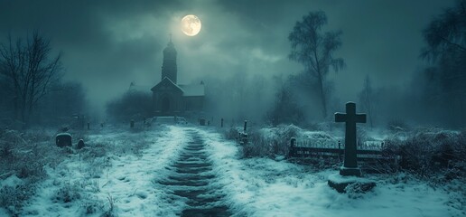 Wall Mural - A haunting digital illustration of an old graveyard under a stormy night sky. Perfect for Halloween themes, posters, or eerie artwork with copy space.