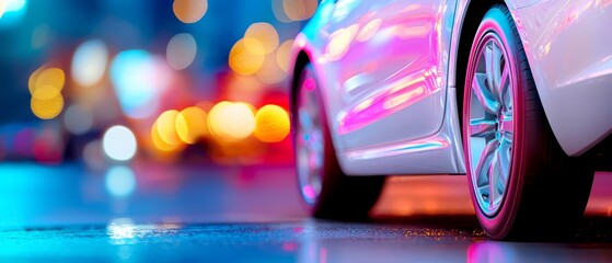  A close-up of a white car on a city street at night with backdrop of lights