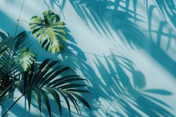 Poster - Abstract palm leaf shadow on blue wall for product presentation.