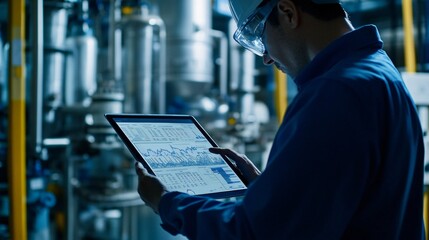 Wall Mural - a close-up shot of a water engineer analyzing data on a tablet, surrounded by water flow charts