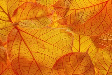 Poster - Closeup of vibrant yellow and orange leaves with intricate veins.