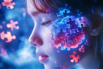 Wall Mural - Futuristic digital illustration of young woman surrounded by glowing neural connections representing integration of artificial intelligence human emotions and boundless potential of modern technology