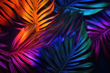 Wall Mural - Neon tropical leaf layout for nature concept.