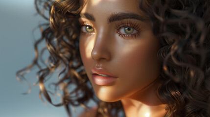 Wall Mural - A close-up portrait of a woman with curly hair and striking green eyes, bathed in soft ambient light, highlighting her natural beauty