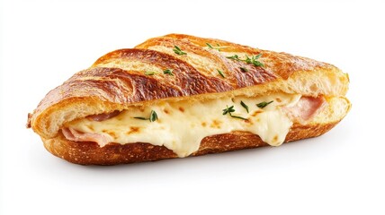 Croque-monsieur isolated on a clean white background, emphasizing its golden crust and gooey cheese.