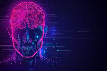 Wall Mural - Futuristic neon illustration of a human head with a glowing brain representing the powerful synergy between technology intelligence and the limitless potential of human cognition in the digital era