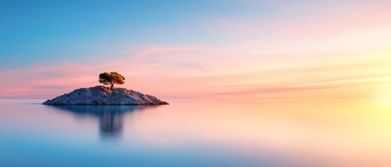 Canvas Print -  A solitary tree on an islet amidst a body of water, backdropped by a sunset