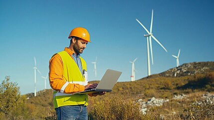 Wall Mural - a wind energy engineer analyzing data on a laptop in a turbine field with clear blue skies