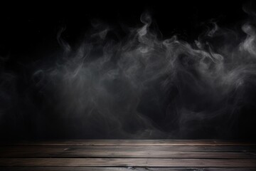 Poster - Fog In Darkness. Smoke And Mist On Wooden Table. Abstract And Defocused Halloween Backdrop.