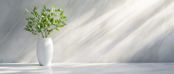 Wall Mural -  A white table holds a vase filled with a verdant plant The table is adjacent to a white wall, casting a shadow behind it