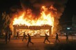 © talkative.studio - A Building Engulfed in Flames with People Walking Away