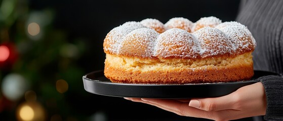 Wall Mural -  A person holds a cake topped with powdered sugar against a backdrop of a black platter and a Christmas tree