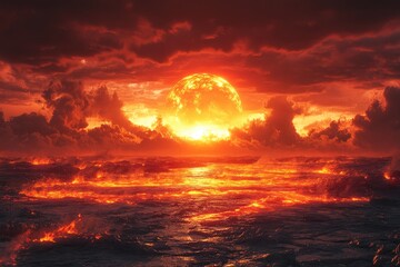 Canvas Print - A Fiery Sunset Over a Molten Sea