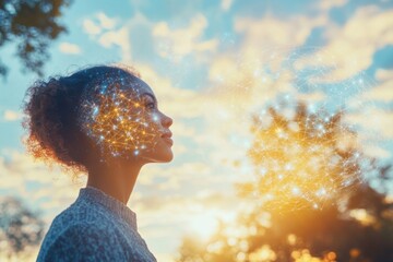 Sticker - A serene profile of a young woman with sunlight filtering through trees reflecting the inner peace clarity and the harmonious connection between nature and the human mind