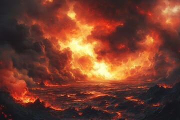 Canvas Print - Fiery Sky and Lava Ocean Landscape