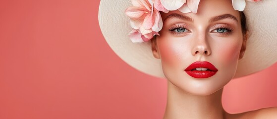  A woman dons a white hat adorned with pink flowers and wears a red lipstick