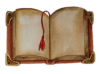 Watercolor open empty old book with red tassel isolated on a white background. Witch spell book. Copy space. Vintage book with plain pages