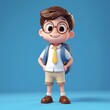 © Gelpi - Cute cartoon schoolboy with glasses wearing a backpack and uniform on a white background Generative AI
