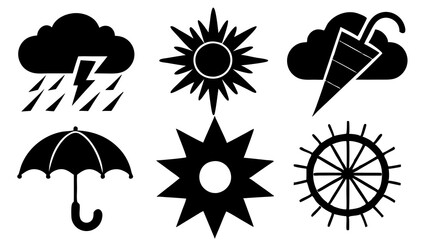 Set of weather icons, sun, rain, cloud, snowflake silhouette white background