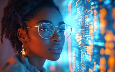 AI cyber security threat analysis with a female African American IT specialist