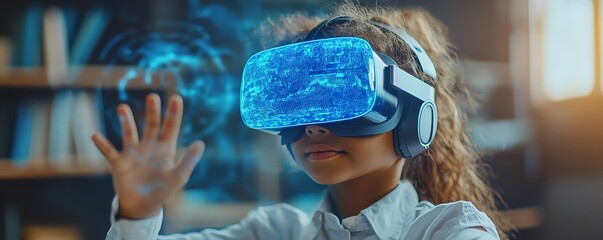 Poster - Classroom setting with a school student using VR headset for AI and machine learning, highlighting interactive technology and innovation with a blue AI hologram