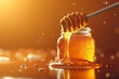 © olenap - Jar of clear golden orange honey flowing with wooden dipper on blurred background. Glass bowl full of sweet liquid nectar puddle and wooden. Product photography with copy space stick.