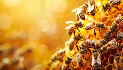 A group of bees are gathered around a honeycomb