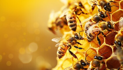 A group of bees are gathered around a honeycomb