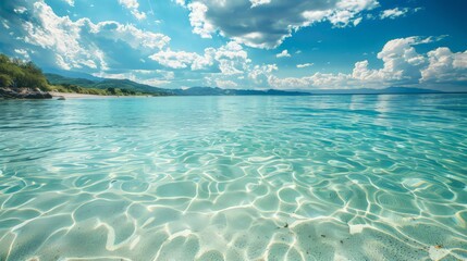 Sticker - Crystal clear sea water bay. Pristine ocean lagoon sunny cloudy sky, idyllic relaxing seascape.