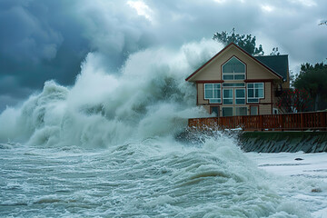 Generative ai on theme of a scary tsunami with huge foamy wave, apocalyptic dramatic background