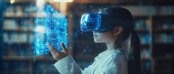 Fototapete - School student using a VR headset with AI artificial intelligence technology and machine learning in an interactive classroom setting