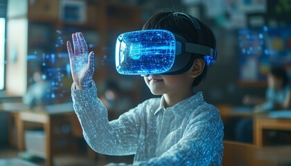 Fototapete - Student in a classroom with a VR headset, exploring AI artificial intelligence and machine learning, featuring interactive technology and a blue hologram for smart education
