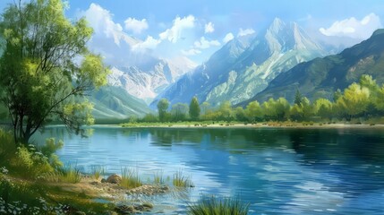 Wall Mural - the view on the river bank with beautiful mountains