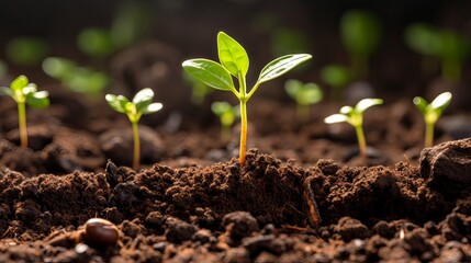 Vibrant green seedlings emerging from rich soil, symbolizing growth and new beginnings in a fresh, natural environment.