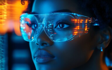 Fototapete - AI cyber security threat scene with a female African American IT specialist examining holographic data