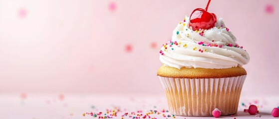 Wall Mural -  A cupcake features white frosting, a cherry atop, and sprinkles against a pink backdrop