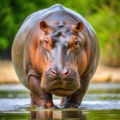 Wall Mural - hippopotamus portrait full body in nature swamp