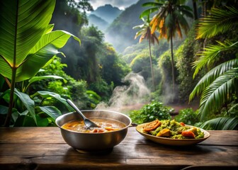 Wall Mural - Foggy Morning Jungle Scene with Steaming Hot Curry