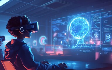 Fototapete - Classroom innovation featuring a school student wearing a VR headset, interacting with AI technology and machine learning, with a blue AI hologram and smart tech elements