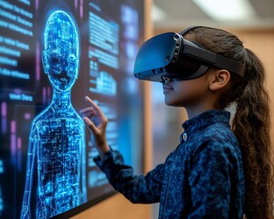 Poster - Classroom setting with a school student using VR headset for AI and machine learning, highlighting interactive technology and innovation with a blue AI hologram